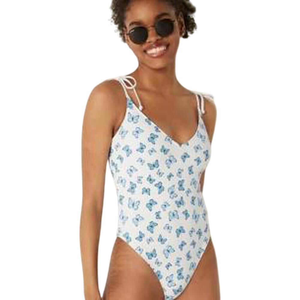 NWT Victorias Secret PINK Butterfly Print Hi Cut 1 Piece Swimsuit Plunge Coastal
